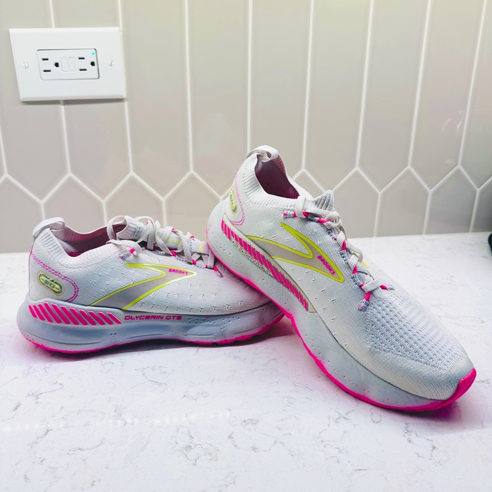 Brooks Women's Athletic Shoes - White with Neon Pink and Yellow Accents